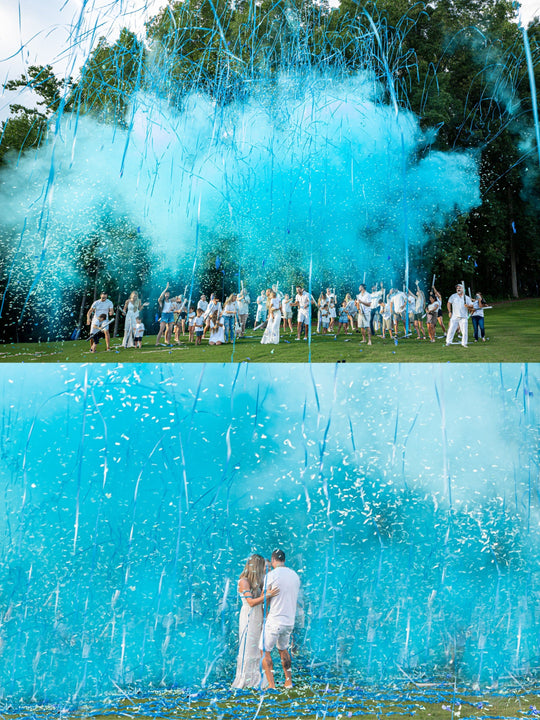 POOF THERE IT IS! Cannons Confetti + Powder + Streamers Gender Reveal Cannons