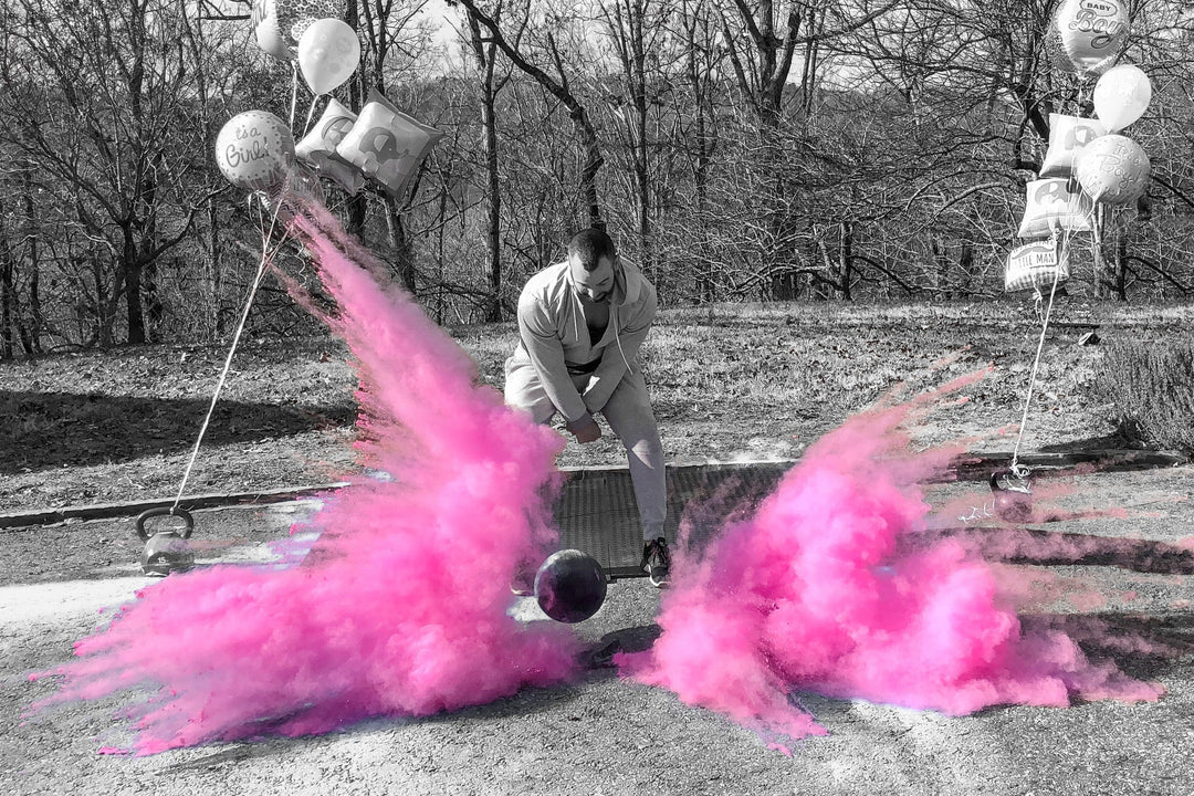 Poof There It Is Sports Gender Reveal Barbell + Medicine Ball Gender Reveal