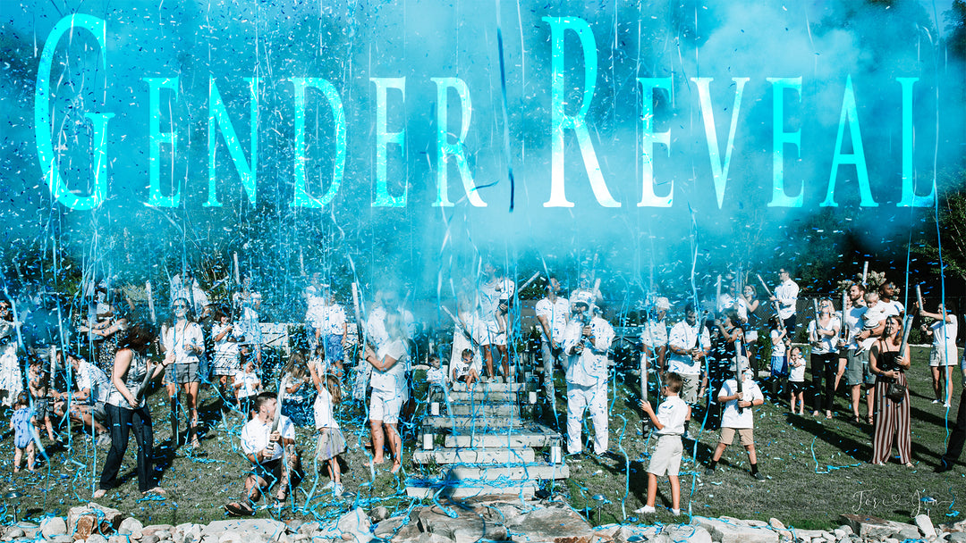 Powder Confetti and streamers filling the sky for the perfect gender reveal 
