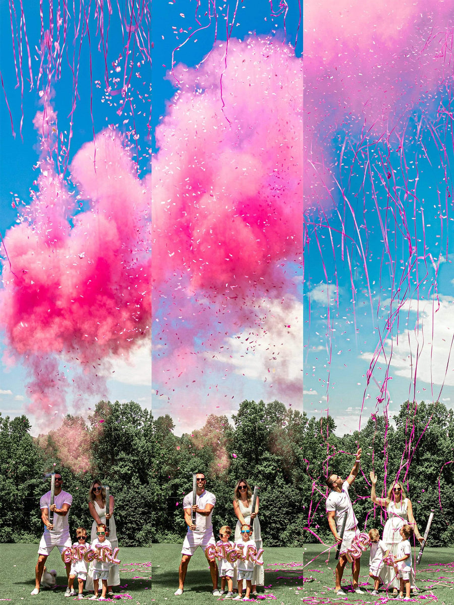 Confetti + Powder + Streamers Gender Reveal Cannons POOF THERE IT IS!