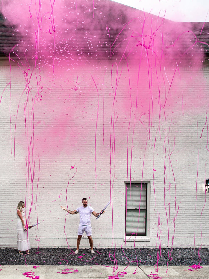 Confetti + Powder + Streamers Gender Reveal Cannons POOF THERE IT IS!