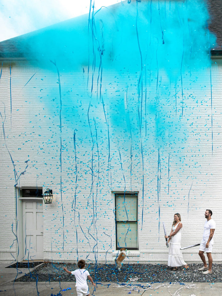 Confetti + Powder + Streamers Gender Reveal Cannons POOF THERE IT IS!